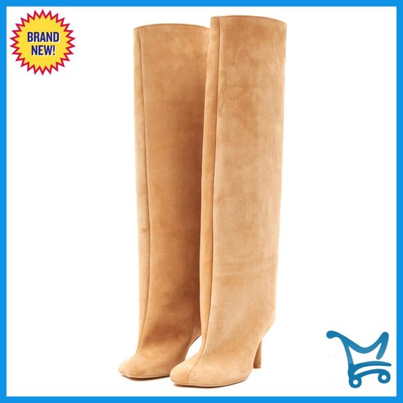 Suede Knee High Boots Wide Calf Square Toe Stiletto Heels